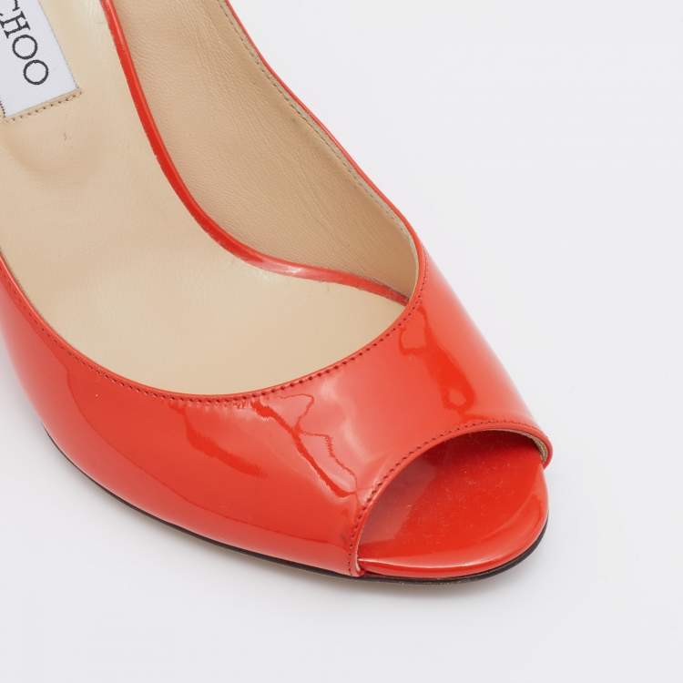 Pre Owned Jimmy Choo Orange Patent Leather Wedge Peep Toe Pumps Size 39