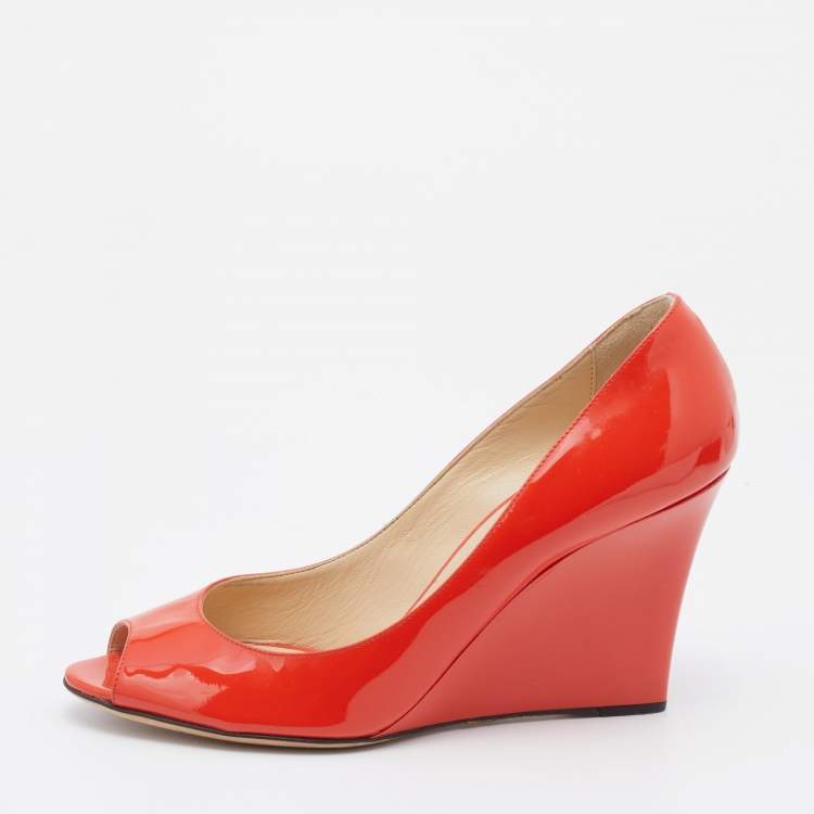 Pre Owned Jimmy Choo Orange Patent Leather Wedge Peep Toe Pumps Size 39