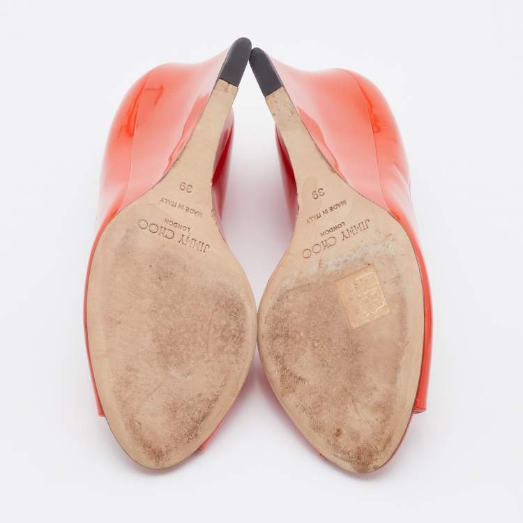 Pre Owned Jimmy Choo Orange Patent Leather Wedge Peep Toe Pumps Size 39