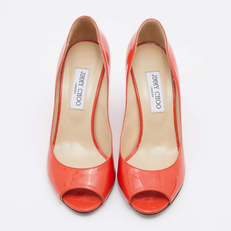 Pre Owned Jimmy Choo Orange Patent Leather Wedge Peep Toe Pumps Size 39