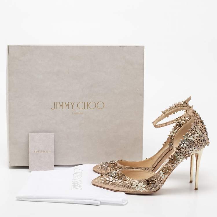 Pre Owned Jimmy Choo Gold Glitter Floral Embellished Ankle Strap Pumps Size 38.5