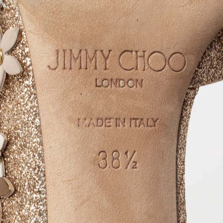 Pre Owned Jimmy Choo Gold Glitter Floral Embellished Ankle Strap Pumps Size 38.5