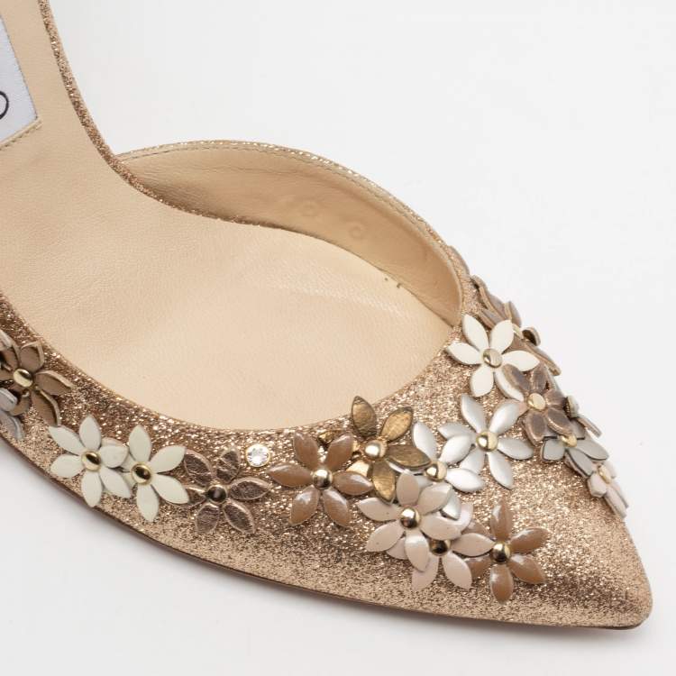 Pre Owned Jimmy Choo Gold Glitter Floral Embellished Ankle Strap Pumps Size 38.5