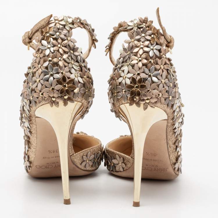 Pre Owned Jimmy Choo Gold Glitter Floral Embellished Ankle Strap Pumps Size 38.5