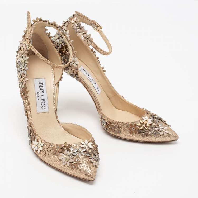Pre Owned Jimmy Choo Gold Glitter Floral Embellished Ankle Strap Pumps Size 38.5