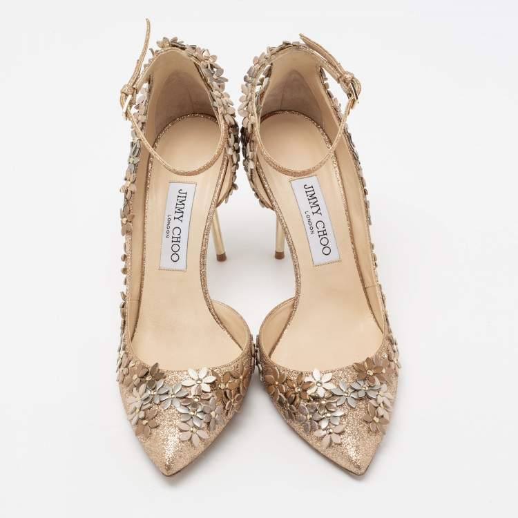 Pre Owned Jimmy Choo Gold Glitter Floral Embellished Ankle Strap Pumps Size 38.5