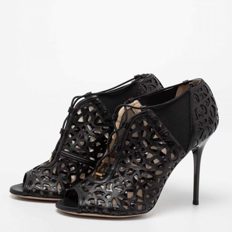 Pre Owned Jimmy Choo Black Laser-Cut Patent and Leather Tactic Ankle Booties Size 40
