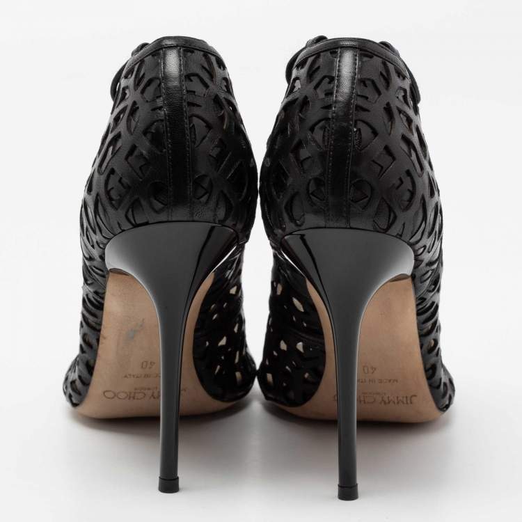 Pre Owned Jimmy Choo Black Laser-Cut Patent and Leather Tactic Ankle Booties Size 40