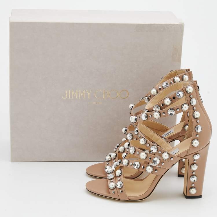 Pre Owned Jimmy Choo Beige Leather Pearl/Crystal Embellished Moore Ankle Strap Sandals Size 38