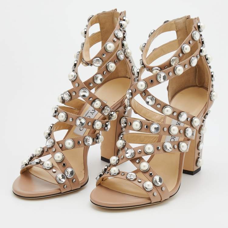 Pre Owned Jimmy Choo Beige Leather Pearl/Crystal Embellished Moore Ankle Strap Sandals Size 38