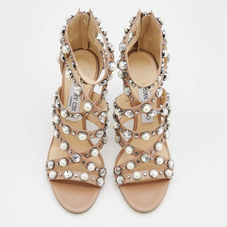 Pre Owned Jimmy Choo Beige Leather Pearl/Crystal Embellished Moore Ankle Strap Sandals Size 38