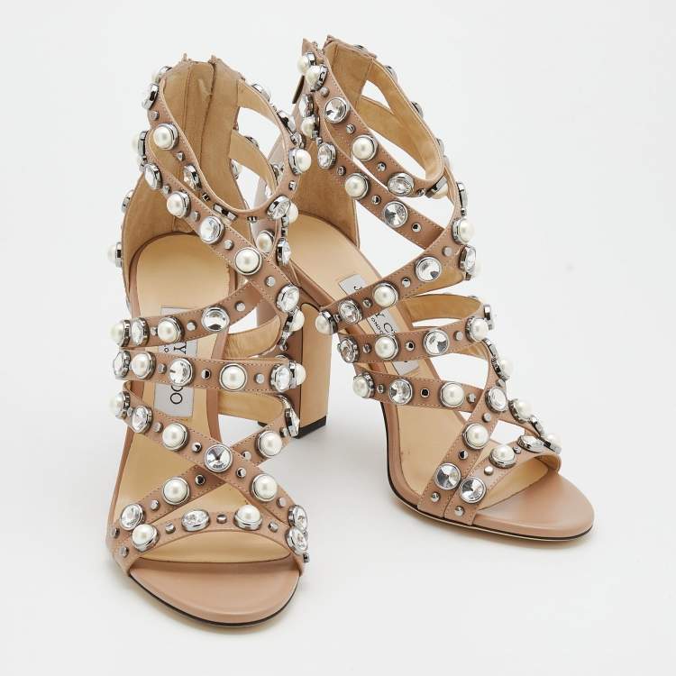 Pre Owned Jimmy Choo Beige Leather Pearl/Crystal Embellished Moore Ankle Strap Sandals Size 38