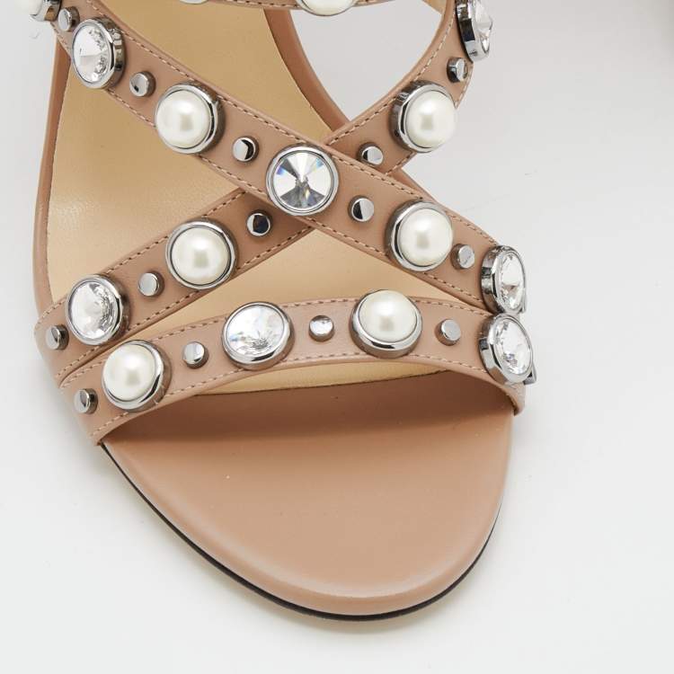 Pre Owned Jimmy Choo Beige Leather Pearl/Crystal Embellished Moore Ankle Strap Sandals Size 38