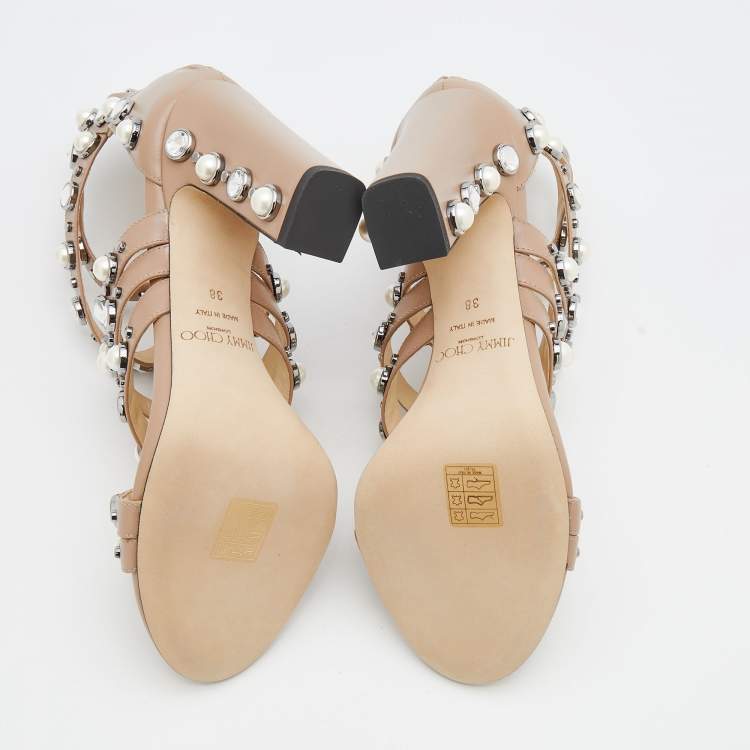 Pre Owned Jimmy Choo Beige Leather Pearl/Crystal Embellished Moore Ankle Strap Sandals Size 38