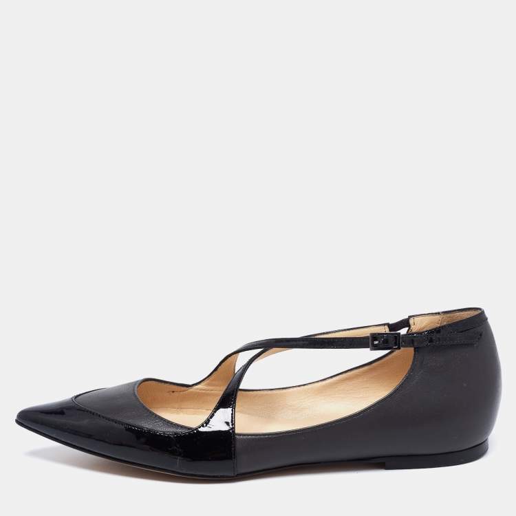Pre Owned Jimmy Choo Black Patent and Leather Gamble Crisscross Ballet Flats Size 38.5