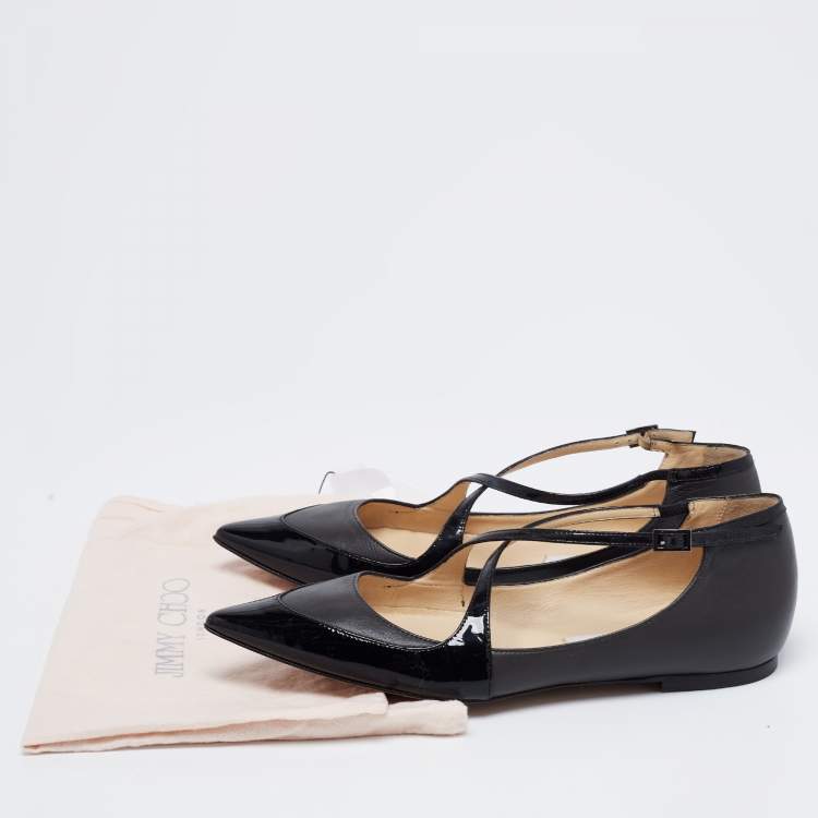 Pre Owned Jimmy Choo Black Patent and Leather Gamble Crisscross Ballet Flats Size 38.5