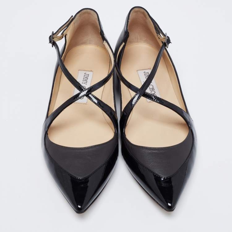 Pre Owned Jimmy Choo Black Patent and Leather Gamble Crisscross Ballet Flats Size 38.5