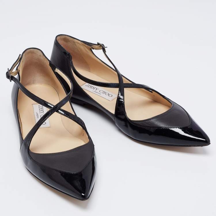 Pre Owned Jimmy Choo Black Patent and Leather Gamble Crisscross Ballet Flats Size 38.5