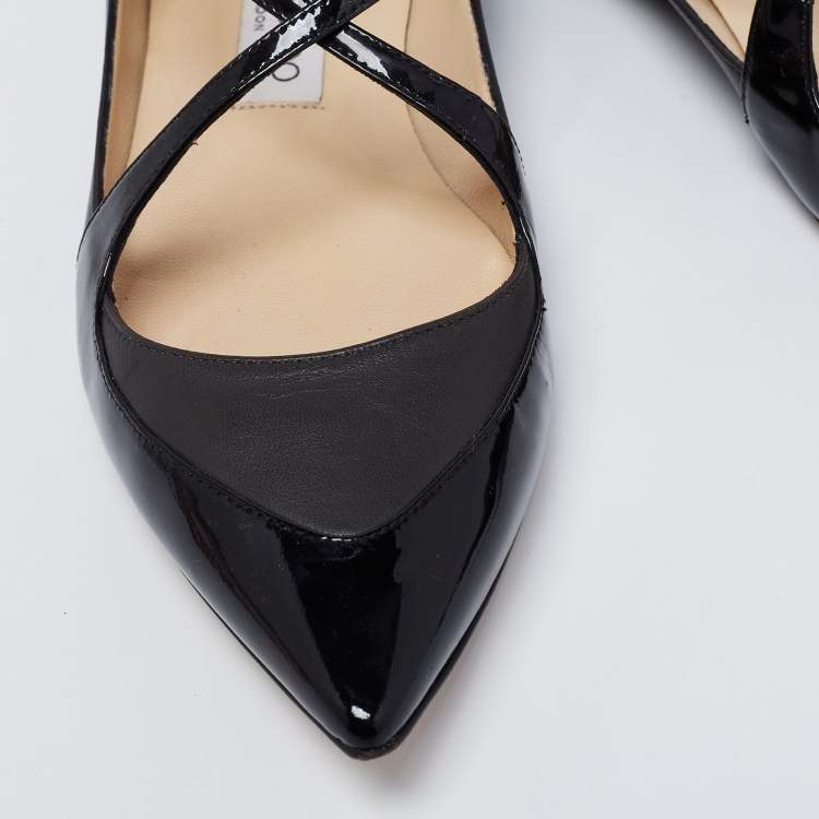 Pre Owned Jimmy Choo Black Patent and Leather Gamble Crisscross Ballet Flats Size 38.5