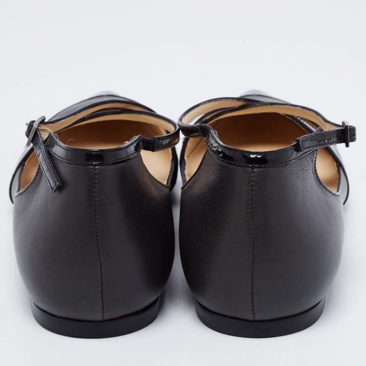 Pre Owned Jimmy Choo Black Patent and Leather Gamble Crisscross Ballet Flats Size 38.5