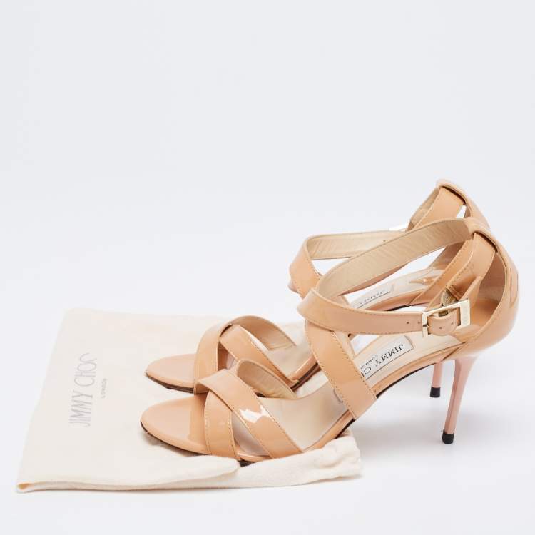 Pre Owned Jimmy Choo Beige Patent Leather Vamp Strappy Sandals Size 38.5