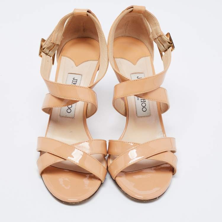 Pre Owned Jimmy Choo Beige Patent Leather Vamp Strappy Sandals Size 38.5