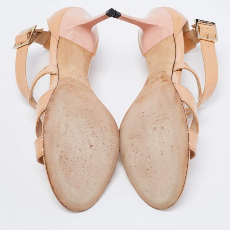 Pre Owned Jimmy Choo Beige Patent Leather Vamp Strappy Sandals Size 38.5