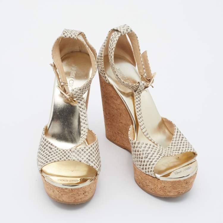 Pre Owned Jimmy Choo Beige Python Embossed Leather Pela Cork Wedge T-Strap Sandals Size 36