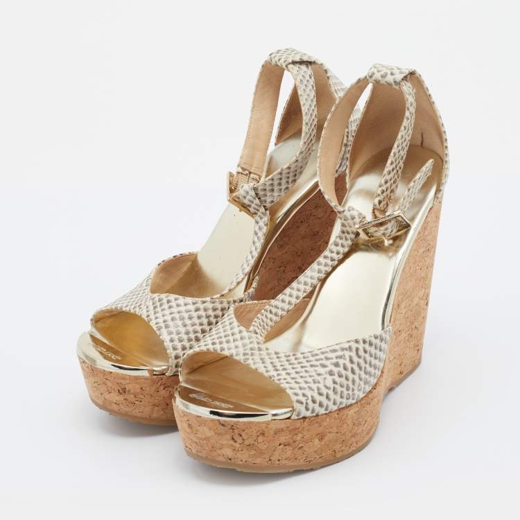 Pre Owned Jimmy Choo Beige Python Embossed Leather Pela Cork Wedge T-Strap Sandals Size 36