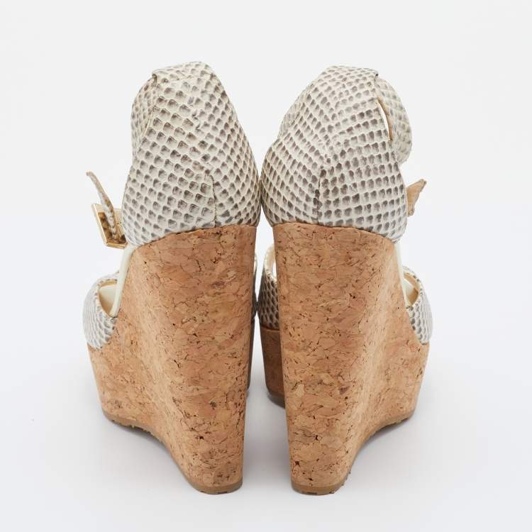 Pre Owned Jimmy Choo Beige Python Embossed Leather Pela Cork Wedge T-Strap Sandals Size 36