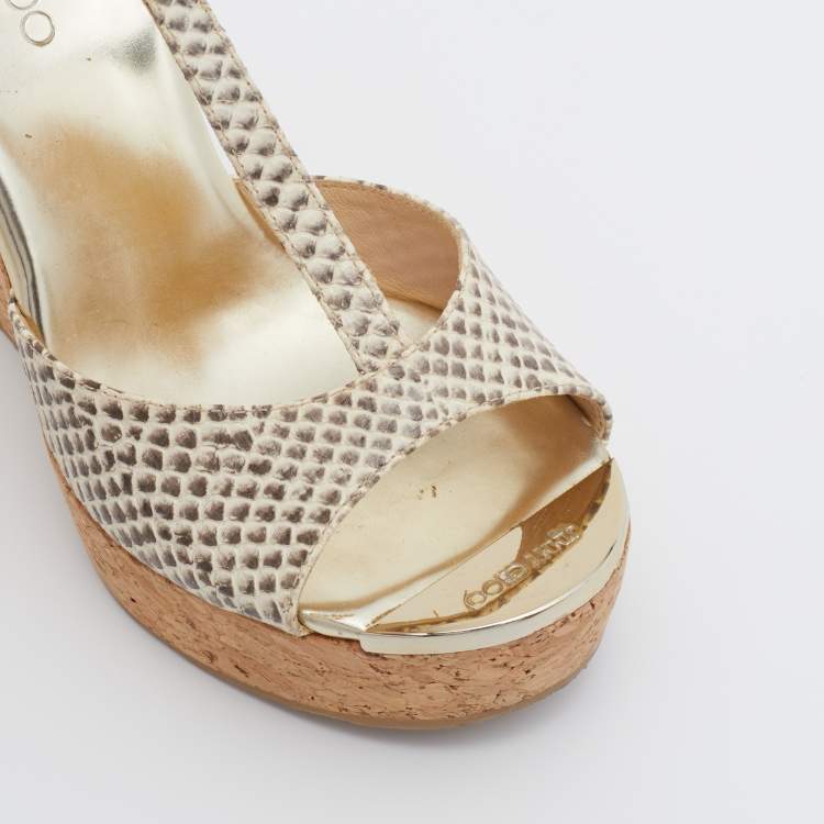 Pre Owned Jimmy Choo Beige Python Embossed Leather Pela Cork Wedge T-Strap Sandals Size 36