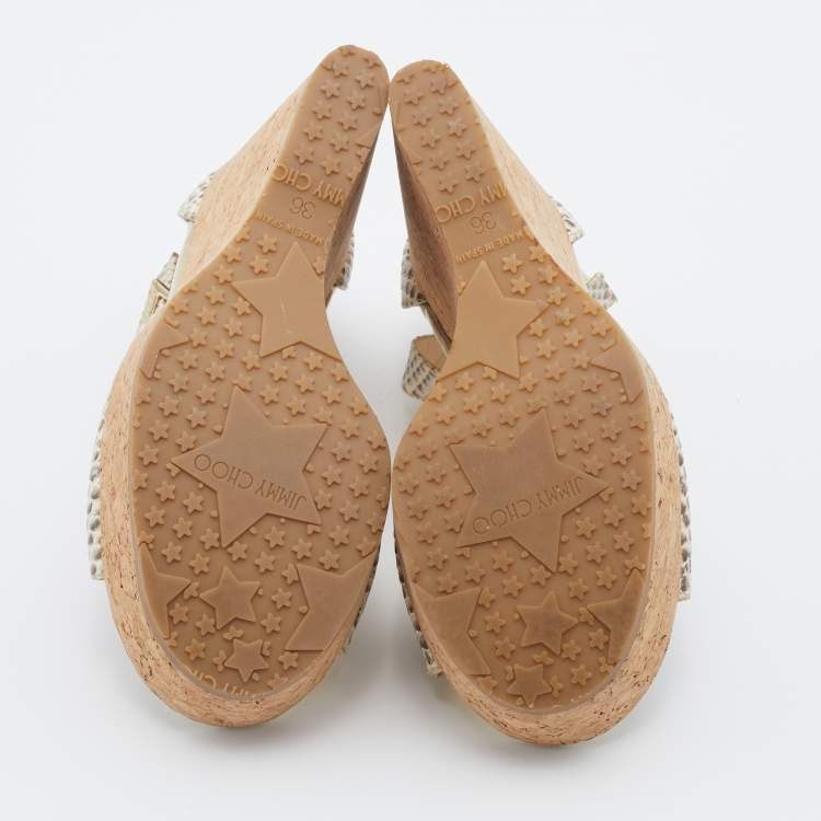 Pre Owned Jimmy Choo Beige Python Embossed Leather Pela Cork Wedge T-Strap Sandals Size 36