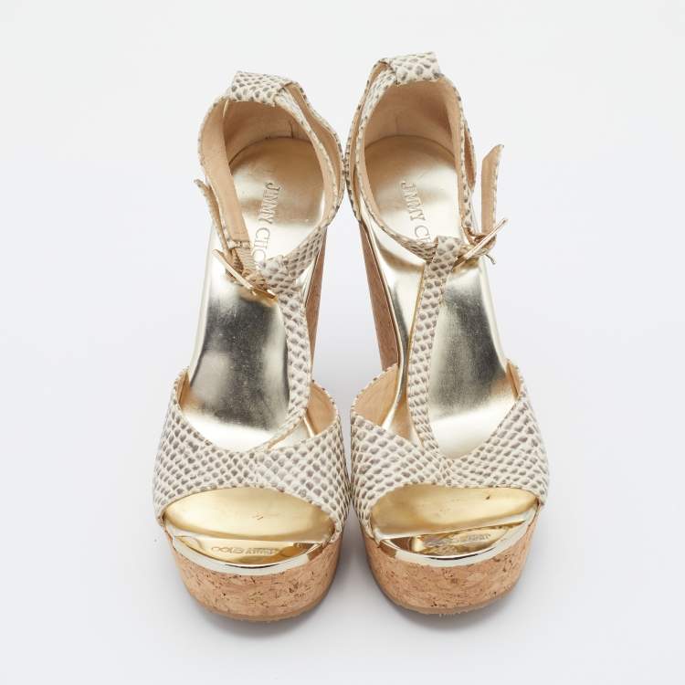 Pre Owned Jimmy Choo Beige Python Embossed Leather Pela Cork Wedge T-Strap Sandals Size 36
