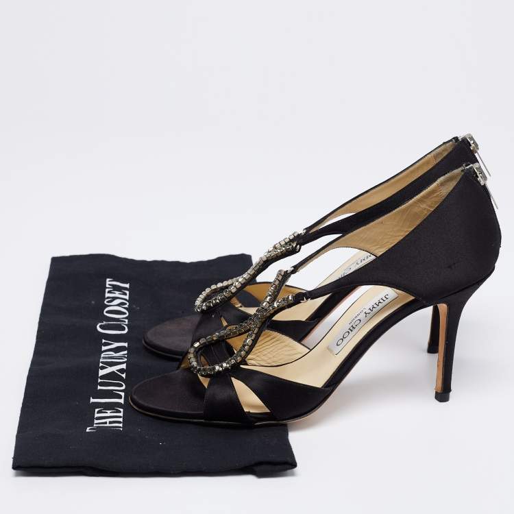 Pre Owned Jimmy Choo Black Satin Crystal Embellished Open Toe Sandals Size 39.5