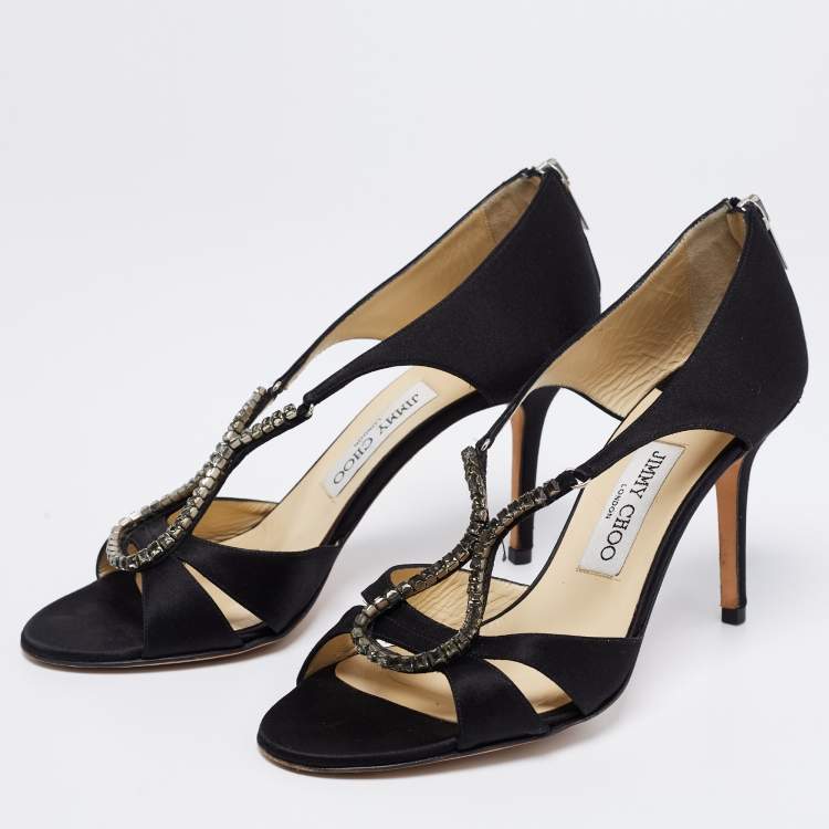 Pre Owned Jimmy Choo Black Satin Crystal Embellished Open Toe Sandals Size 39.5