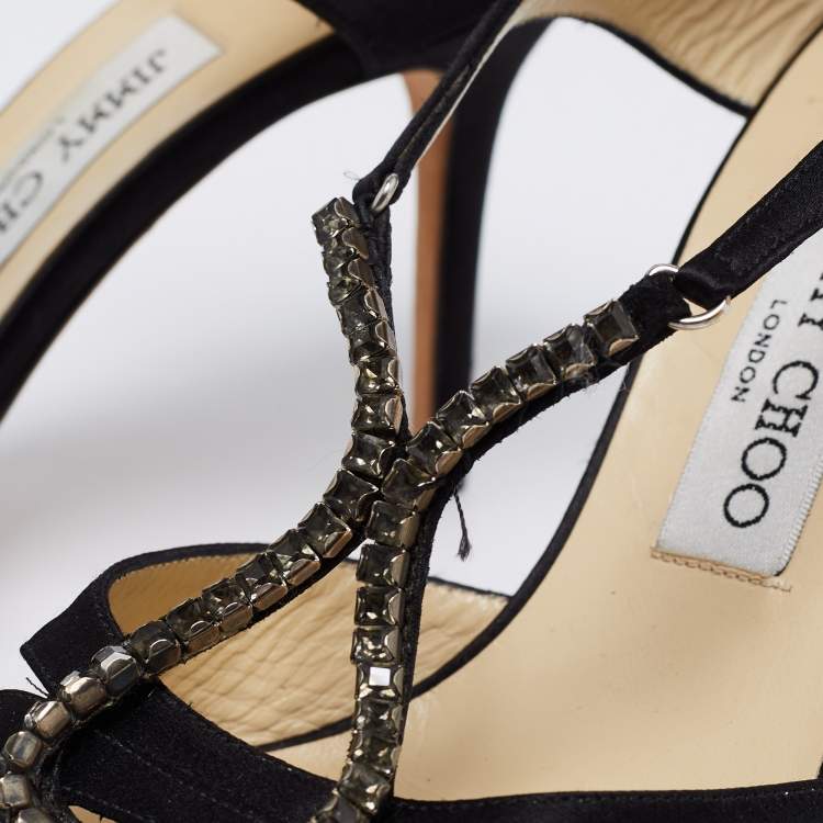 Pre Owned Jimmy Choo Black Satin Crystal Embellished Open Toe Sandals Size 39.5