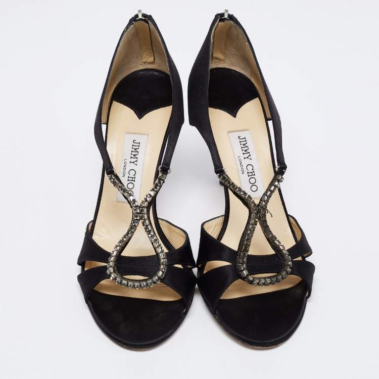 Pre Owned Jimmy Choo Black Satin Crystal Embellished Open Toe Sandals Size 39.5