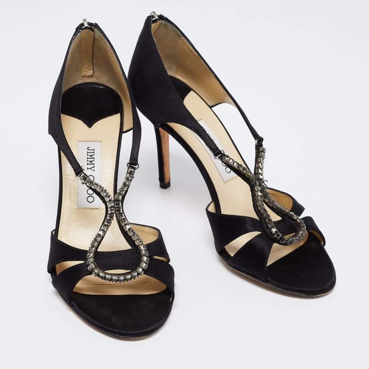 Pre Owned Jimmy Choo Black Satin Crystal Embellished Open Toe Sandals Size 39.5