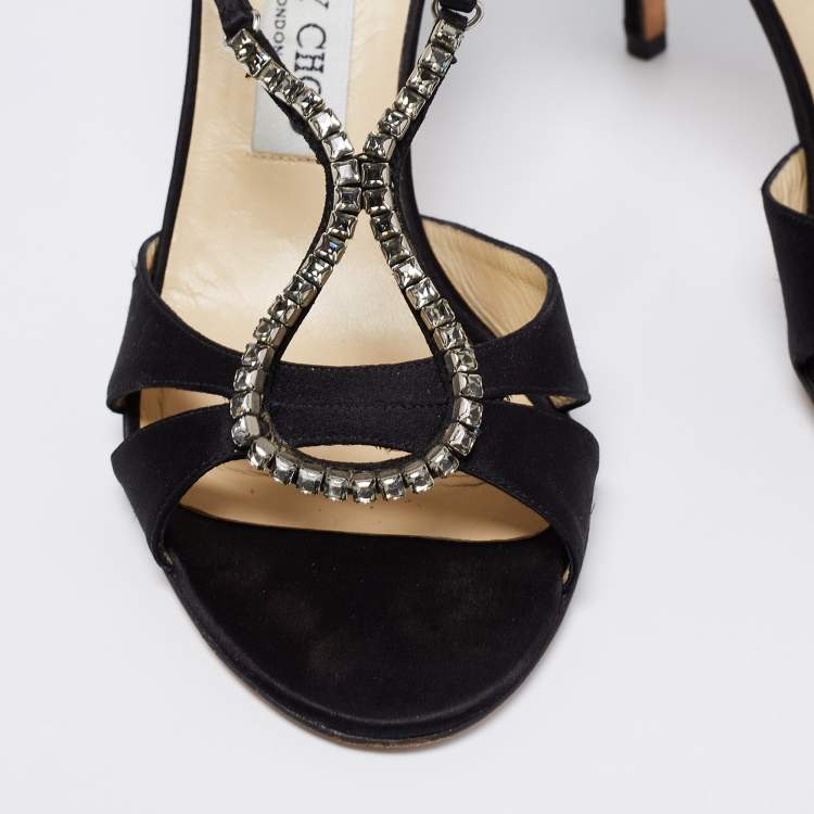 Pre Owned Jimmy Choo Black Satin Crystal Embellished Open Toe Sandals Size 39.5