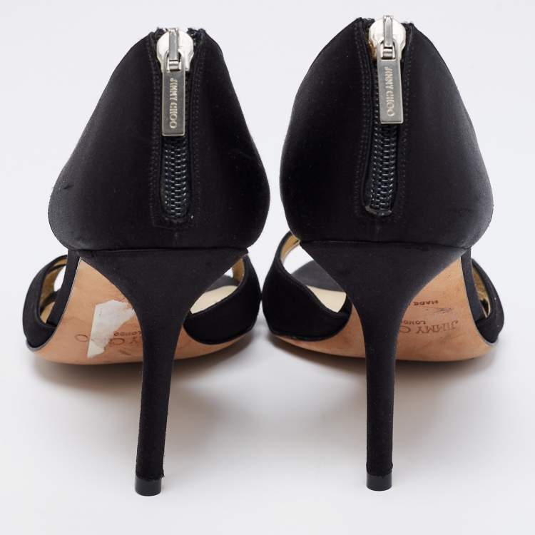 Pre Owned Jimmy Choo Black Satin Crystal Embellished Open Toe Sandals Size 39.5