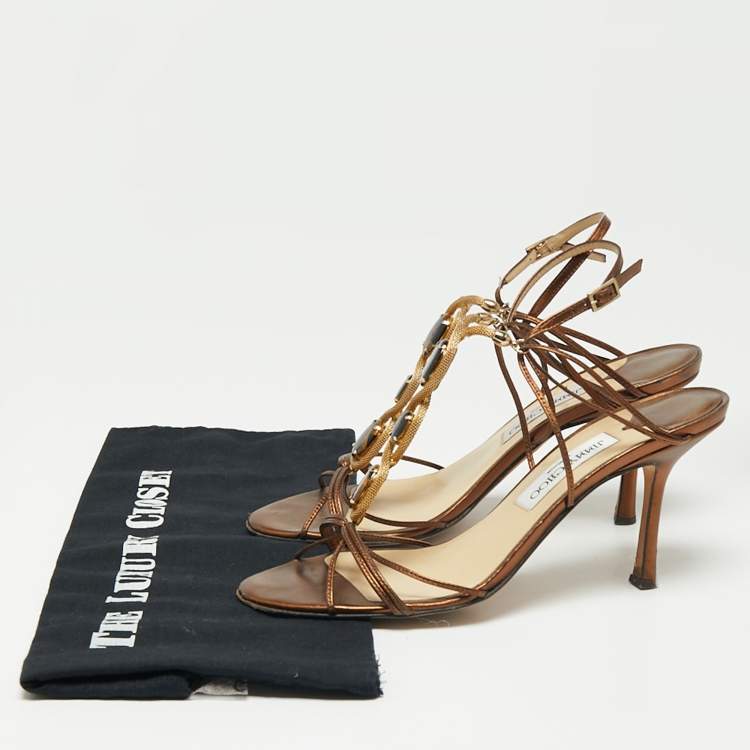 Pre Owned Jimmy Choo Metallic Brown Leather Jewelled Sandals Size 39.5