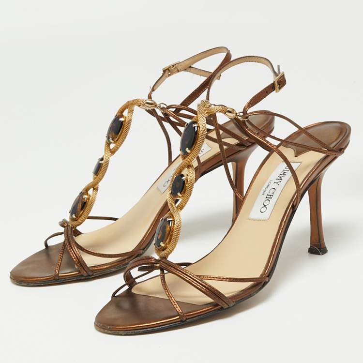 Pre Owned Jimmy Choo Metallic Brown Leather Jewelled Sandals Size 39.5