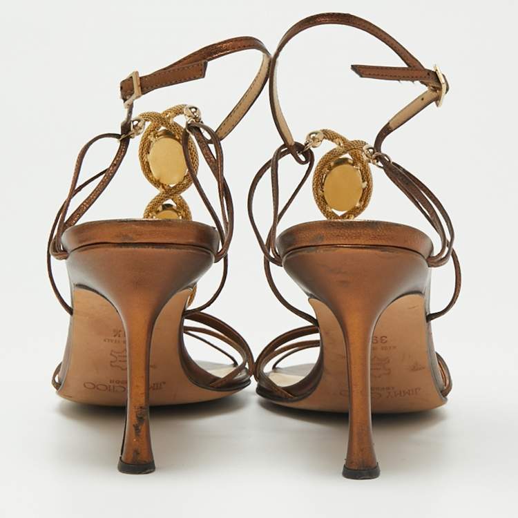 Pre Owned Jimmy Choo Metallic Brown Leather Jewelled Sandals Size 39.5