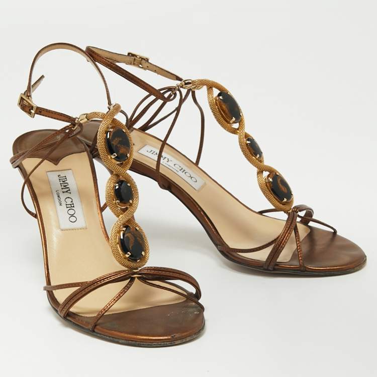 Pre Owned Jimmy Choo Metallic Brown Leather Jewelled Sandals Size 39.5