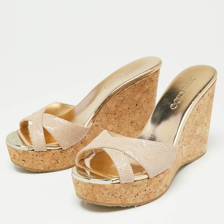 Jimmy Choo Beige Leather Pandora Cork Wedges Slide Sandals Size