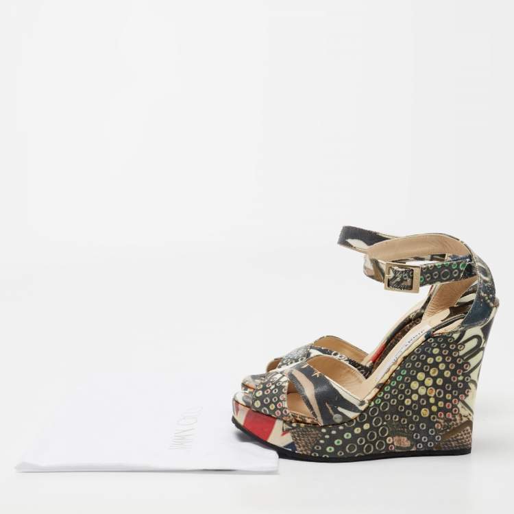 Pre Owned Jimmy Choo Multicolor Coated Canvas Platform Wedge Ankle Strap Sandals Size 37