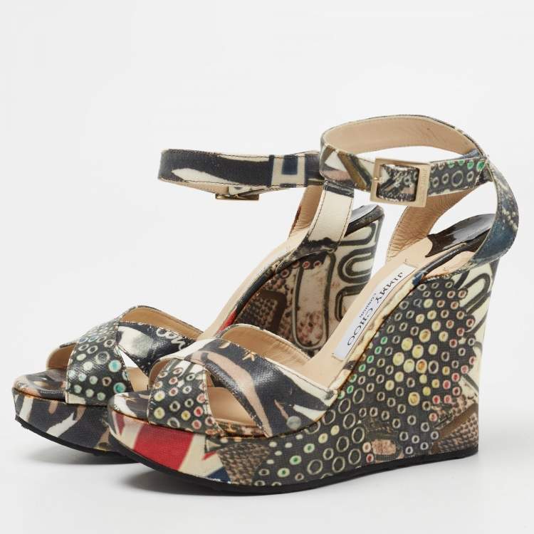 Pre Owned Jimmy Choo Multicolor Coated Canvas Platform Wedge Ankle Strap Sandals Size 37