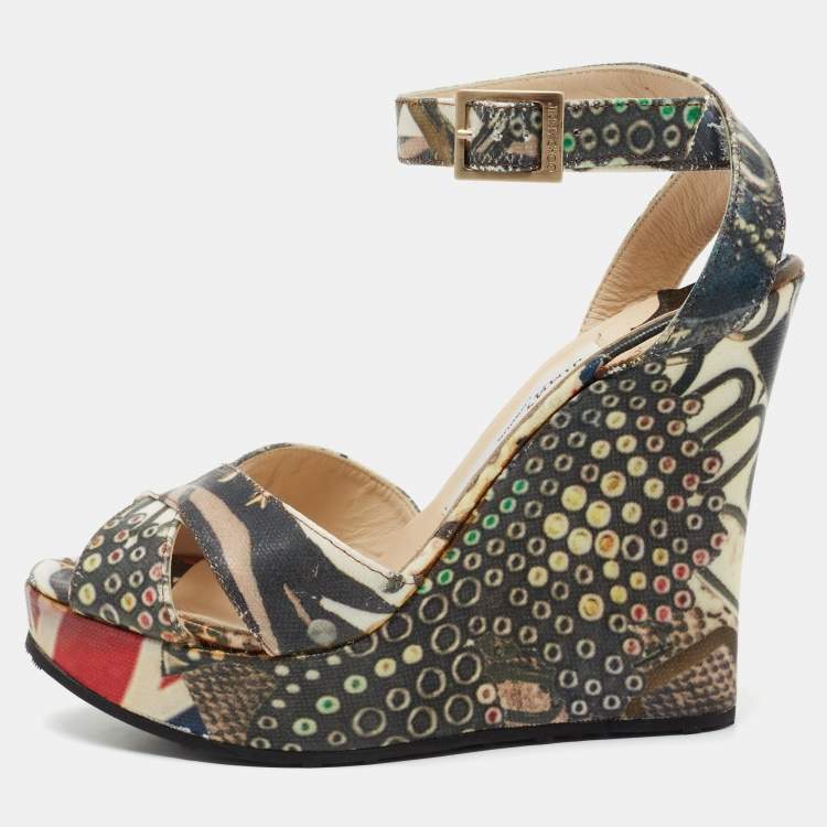 Pre Owned Jimmy Choo Multicolor Coated Canvas Platform Wedge Ankle Strap Sandals Size 37