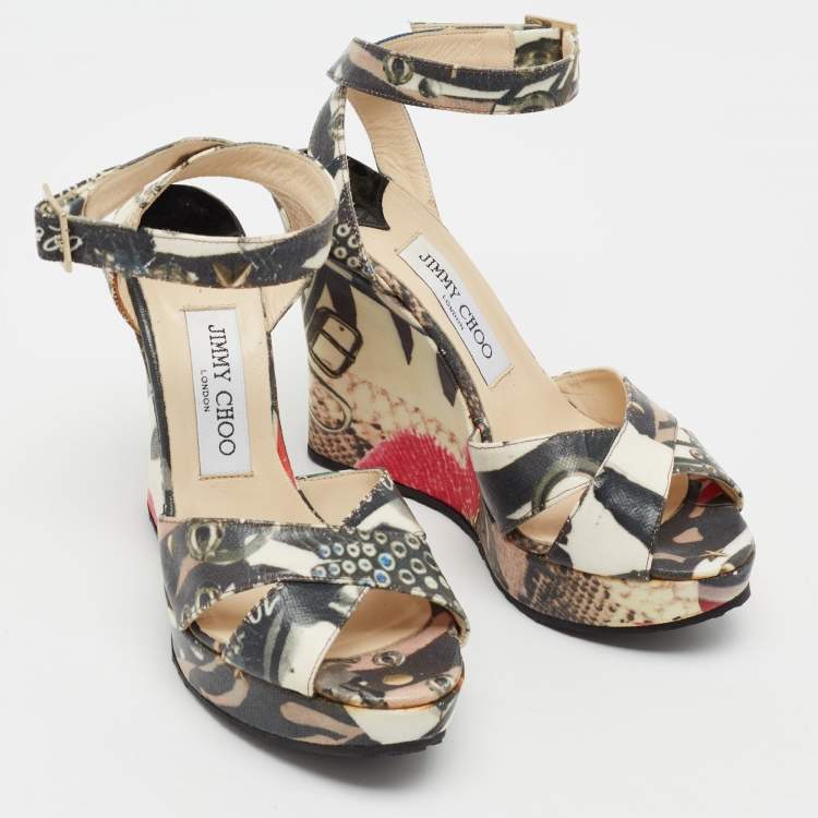 Pre Owned Jimmy Choo Multicolor Coated Canvas Platform Wedge Ankle Strap Sandals Size 37