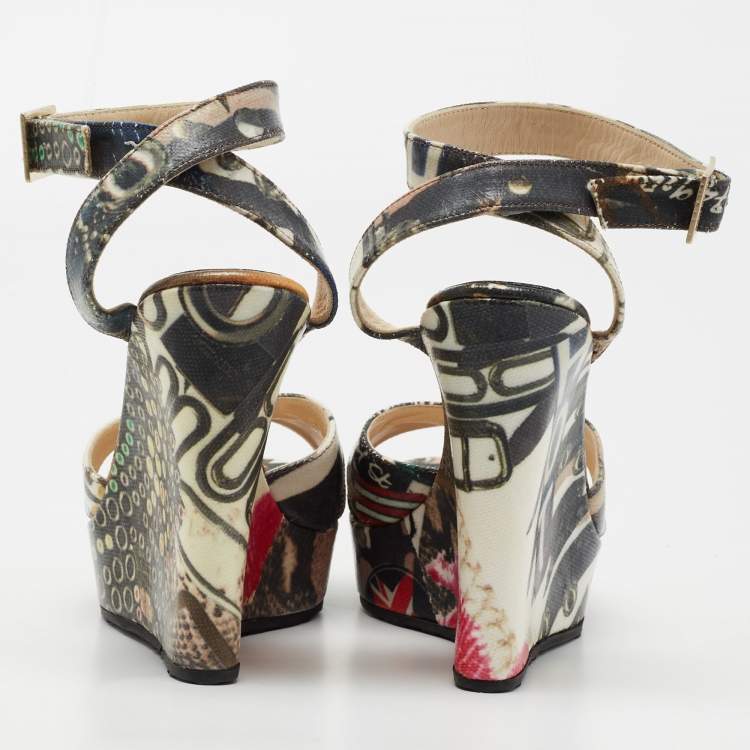 Pre Owned Jimmy Choo Multicolor Coated Canvas Platform Wedge Ankle Strap Sandals Size 37